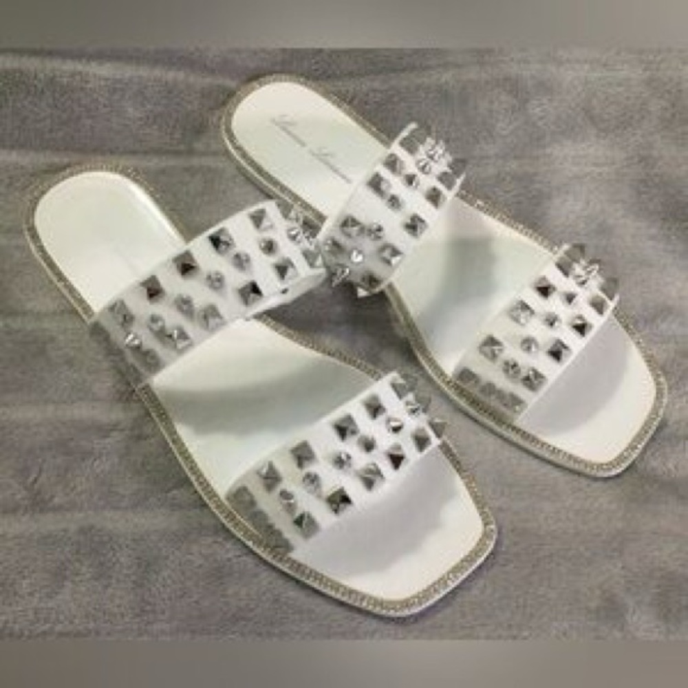 786. NEW Lauren Lorraine White Studded Double-Strap Slide Sandals